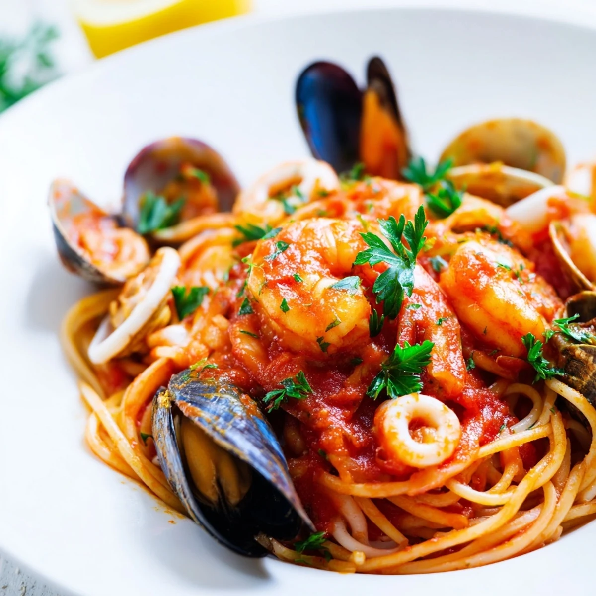 Steaming seafood marinara pasta, a colorful Italian dish with succulent shrimp and mussels.