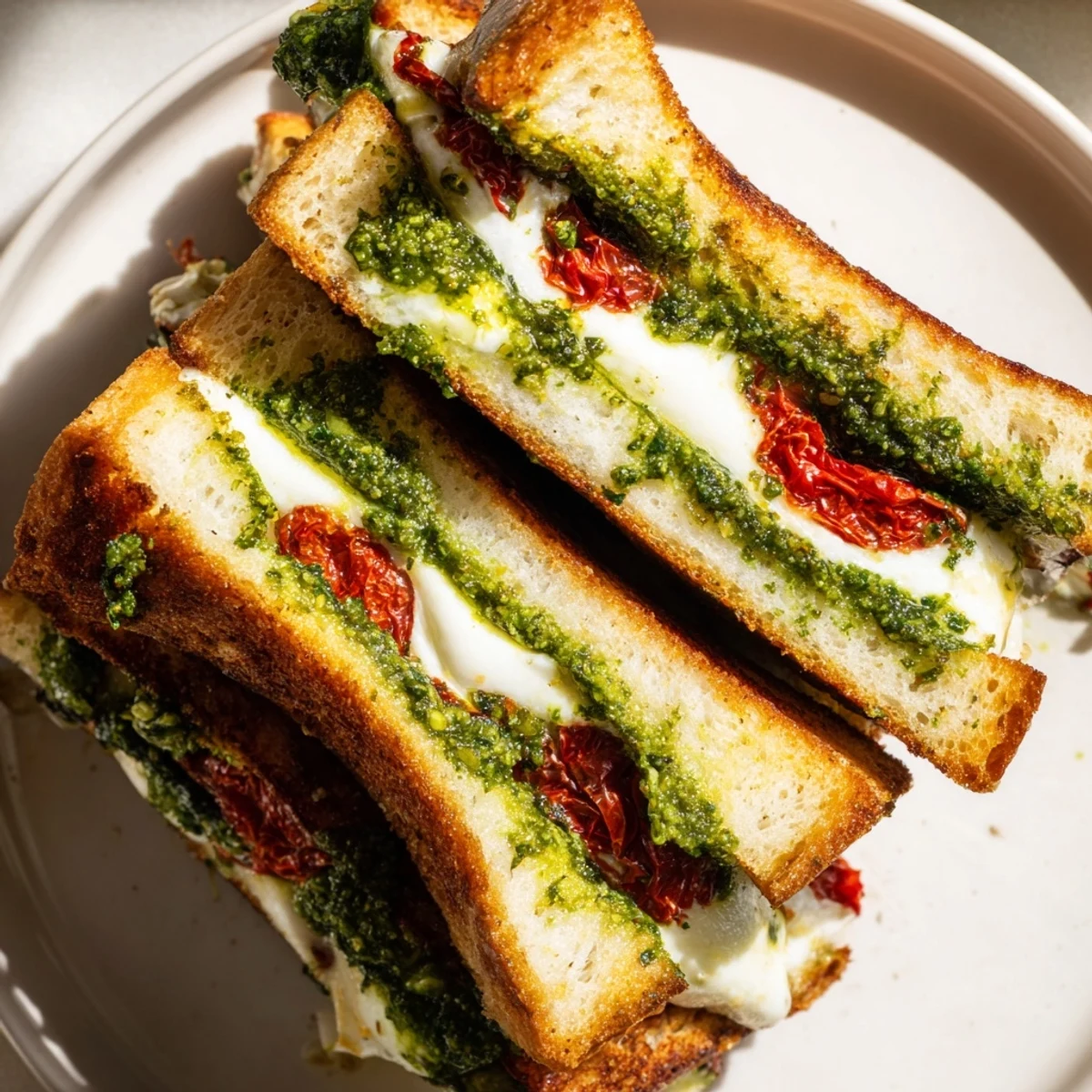 Golden, crispy Pesto Grilled Cheese sandwich oozing with melted mozzarella and bright pesto layers.