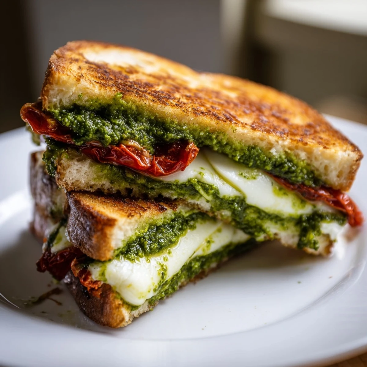 Close-up of a Pesto Grilled Cheese, showing the tangy sun-dried tomatoes and bubbling cheese.
