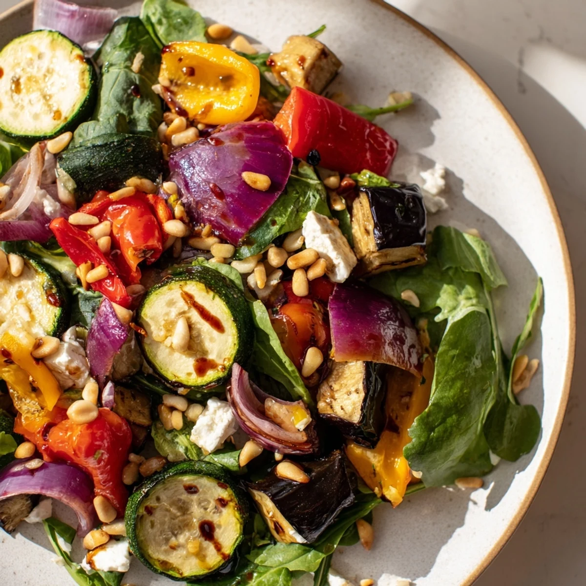 Vibrant Roasted Vegetable Salad with tender, caramelized veggies and tangy balsamic dressing, ready to enjoy.
