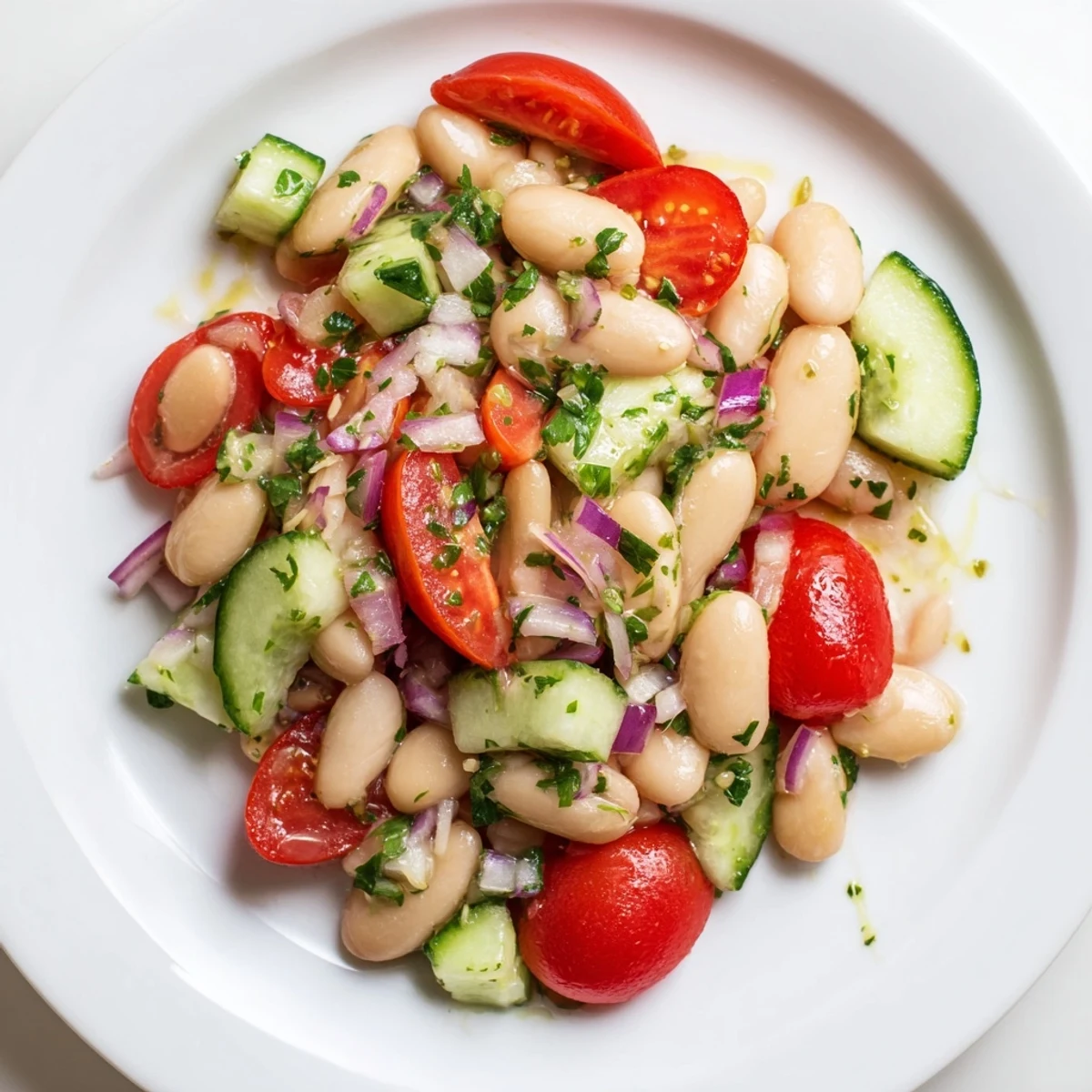 Fresh, colorful white bean salad topped with chopped herbs; perfect summer lunch idea.