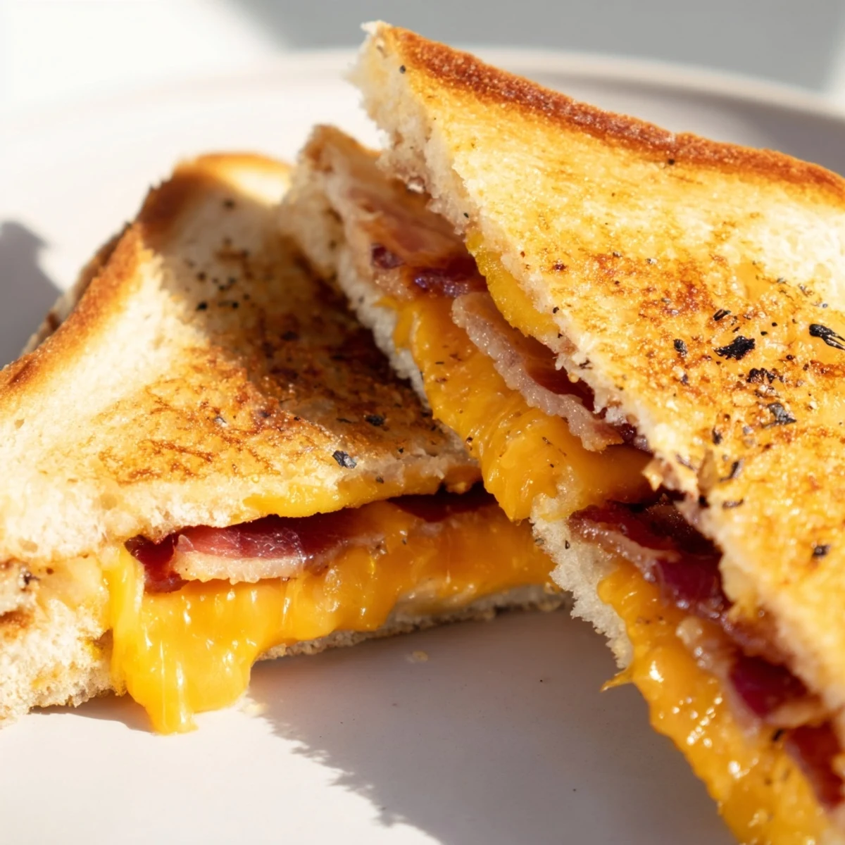 Golden brown Crispy Bacon Cheddar Grilled Cheese oozes with melted cheddar and crispy bacon, ready to be devoured.