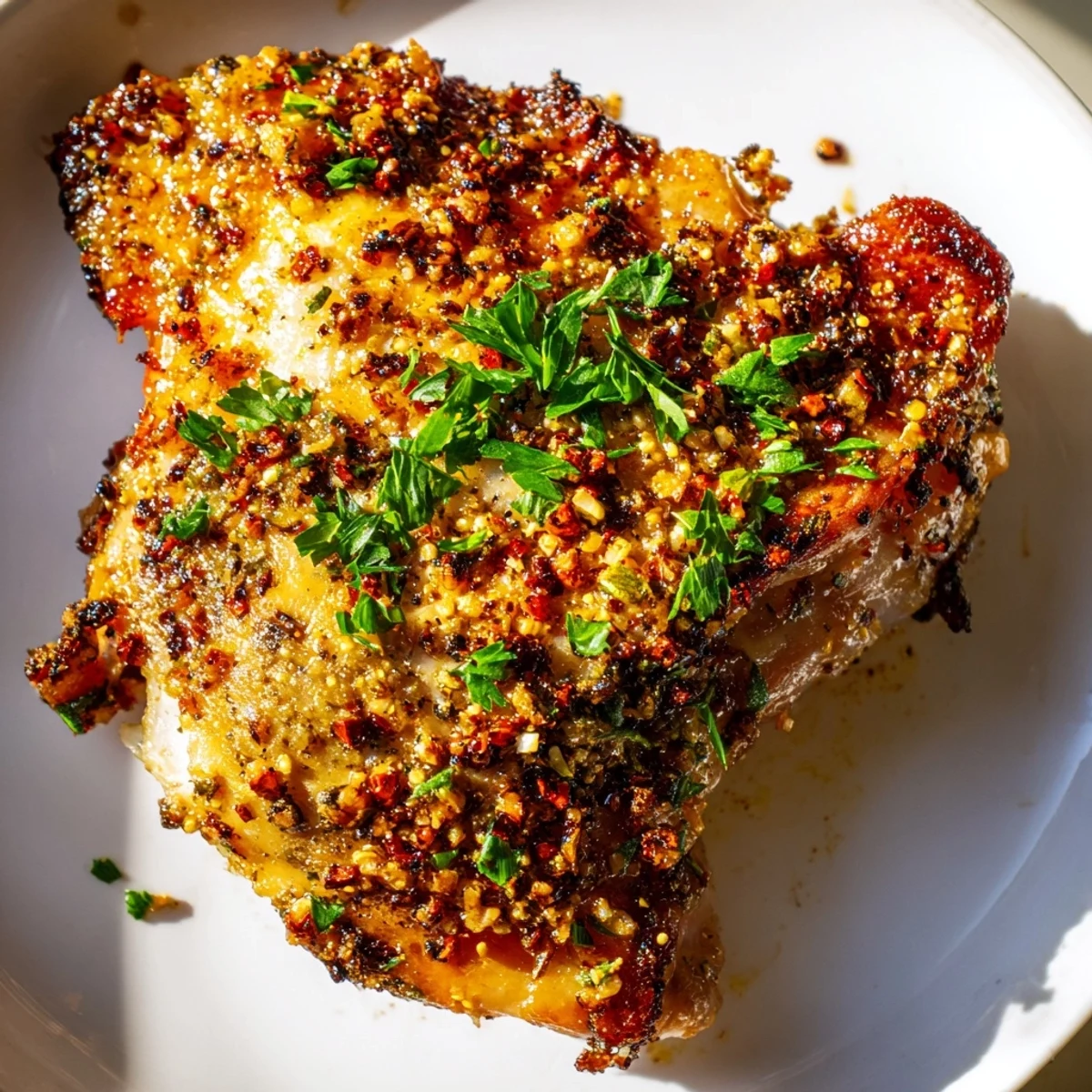 Crispy Garlic Chicken Thighs boast a glistening, golden skin and fragrant garlic aromas from the oven.