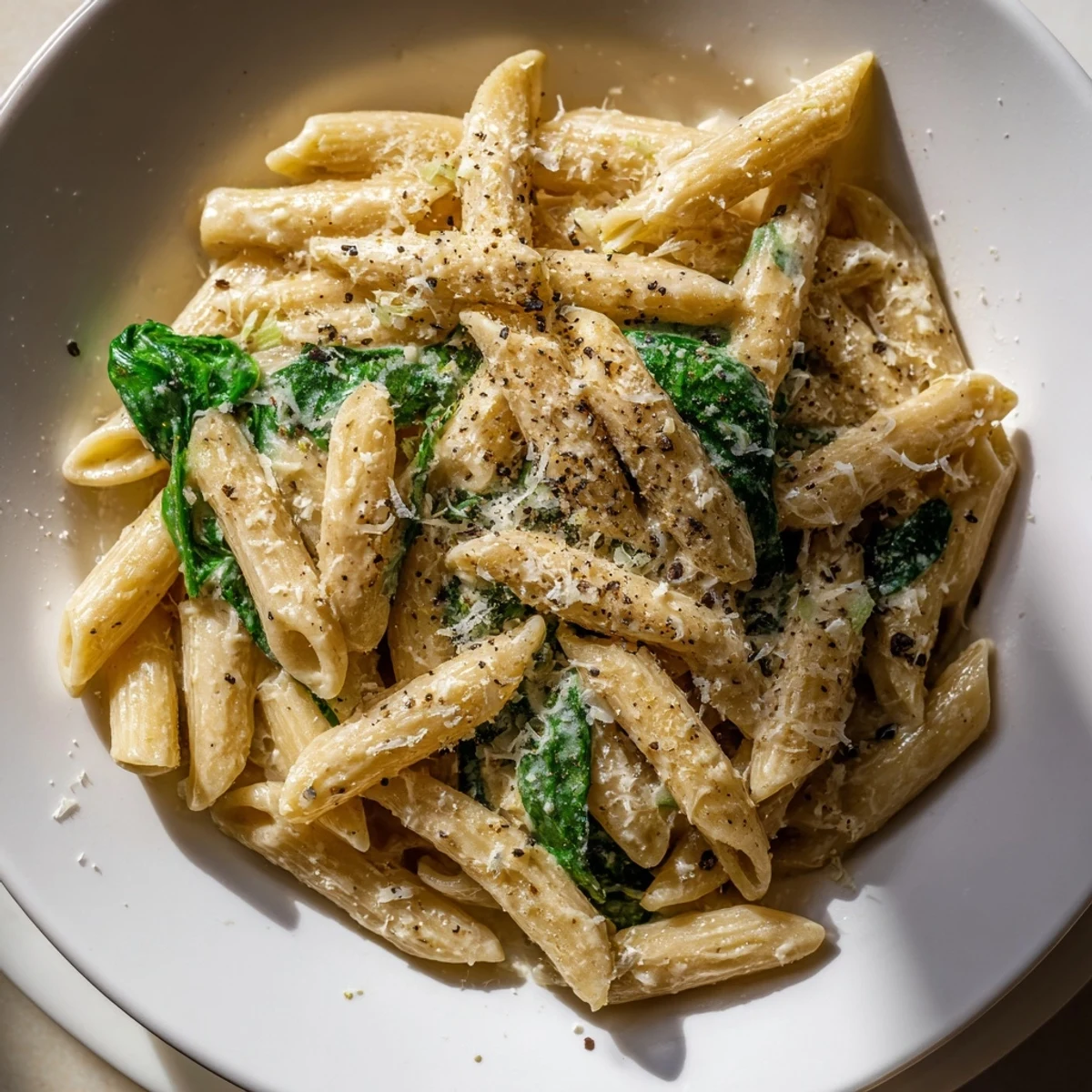 Creamy spinach pasta, a comforting plate of pasta glistening with a rich, creamy sauce and fresh spinach.
