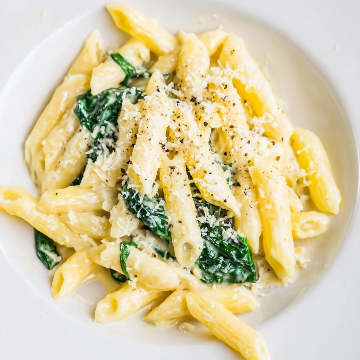 Enjoy a forkful of creamy spinach pasta, with visible green spinach nestled in cheesy, velvety goodness.