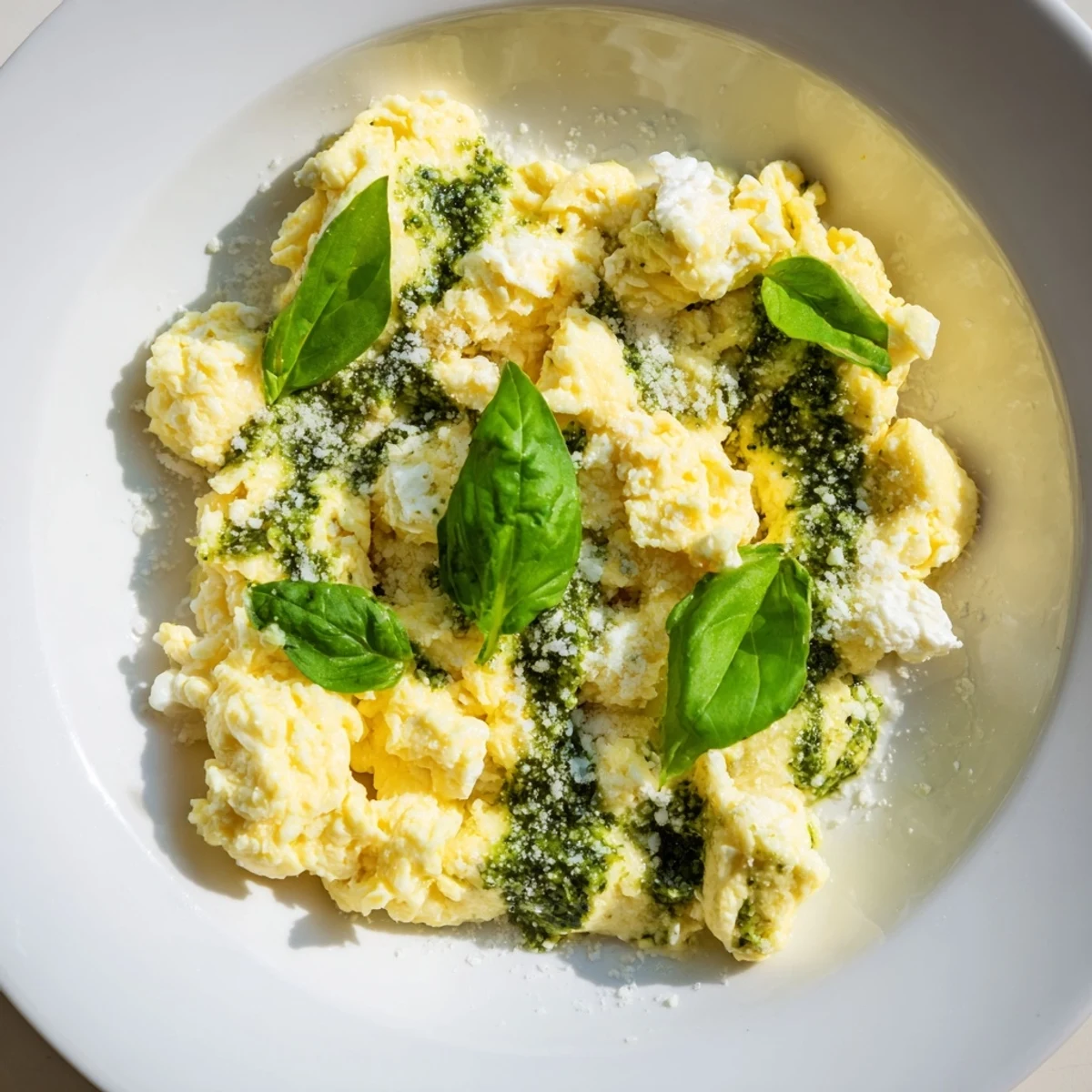 Freshly made pesto cottage cheese eggs, a vibrant and creamy breakfast ready to eat.