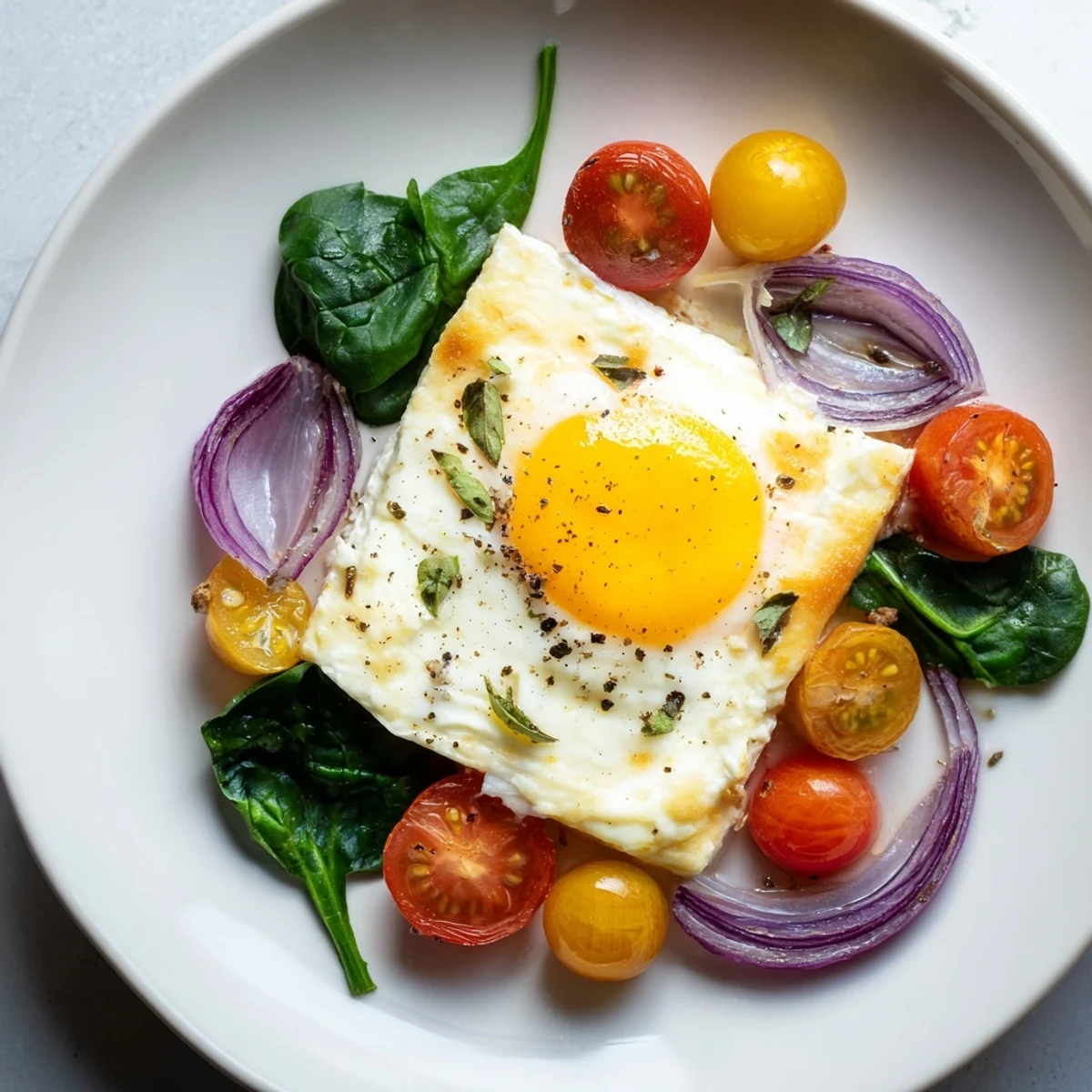 A close-up of baked feta eggs, a Mediterranean breakfast with soft yolks and flavorful toppings.