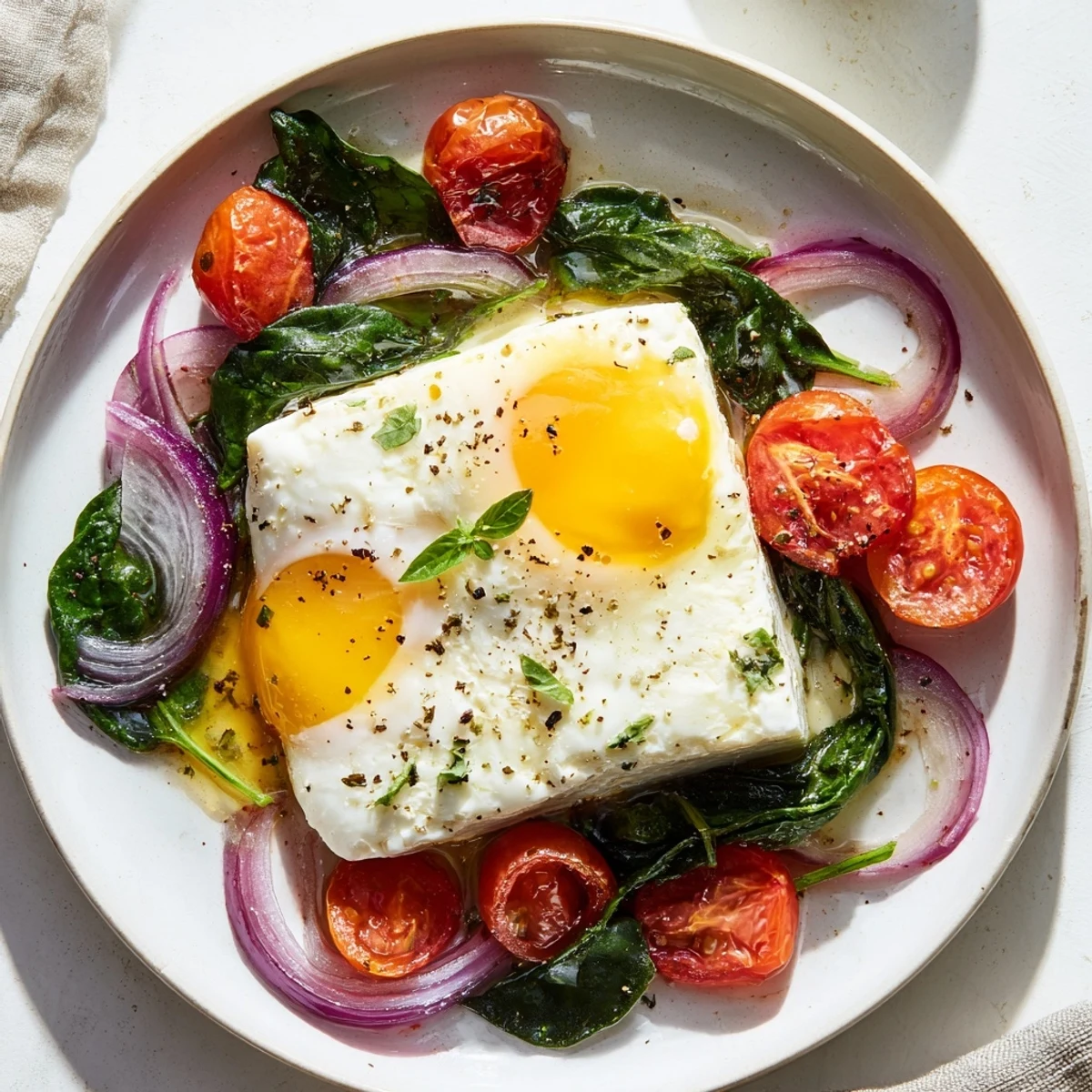 Image of creamy baked feta eggs, featuring vibrant red tomatoes, perfect for brunch or a light meal.