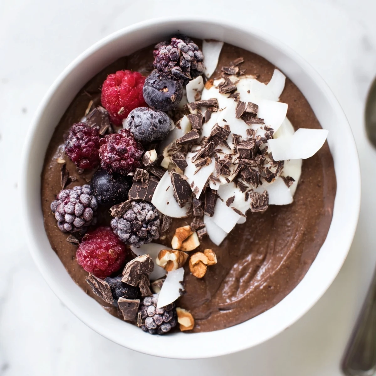 Creamy Avocado Chocolate Pudding, topped with fresh berries, a delightful vegan dessert ready to savor instantly.