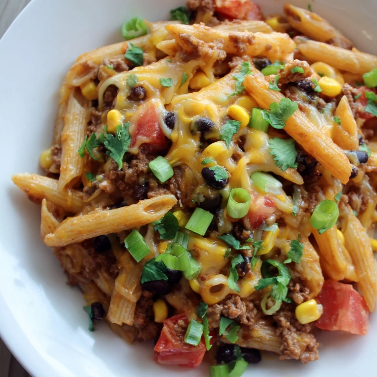 Steaming Cheesy Taco Pasta with melted cheese and fresh cilantro, a comforting family favorite.
