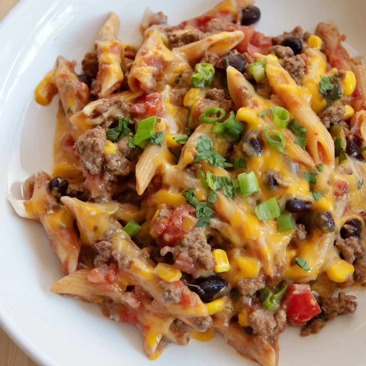 A close-up shot of bubbling, creamy Cheesy Taco Pasta, perfect for a quick and easy weeknight meal.