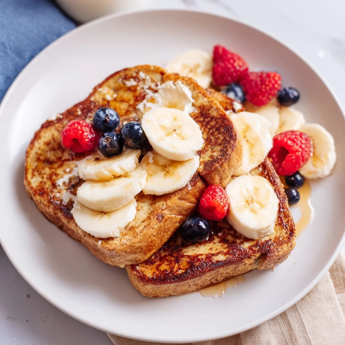 A stack of custardy Protein French Toast, perfectly cooked and ready to be drizzled with syrup.