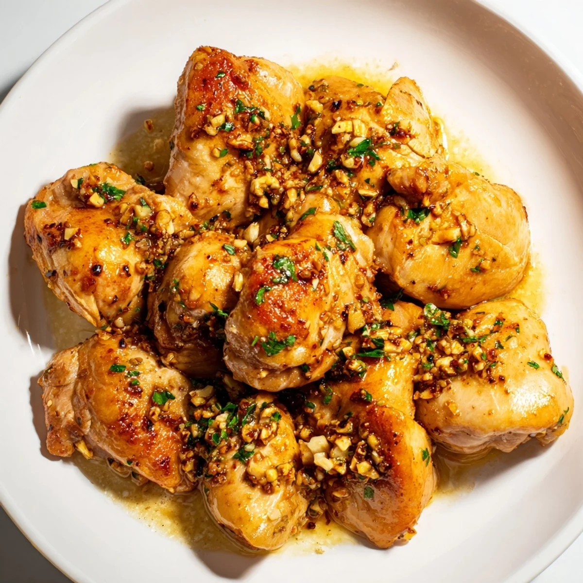 Golden brown Garlic Butter Chicken Bites glistening in a flavorful, bubbling butter sauce, ready to eat.