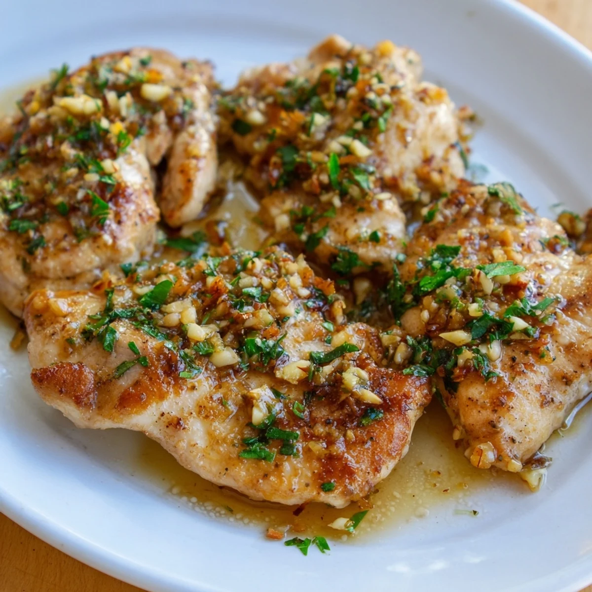 Close-up of savory Garlic Butter Chicken Bites, showcasing tender chicken coated in a rich, garlic-infused sauce.