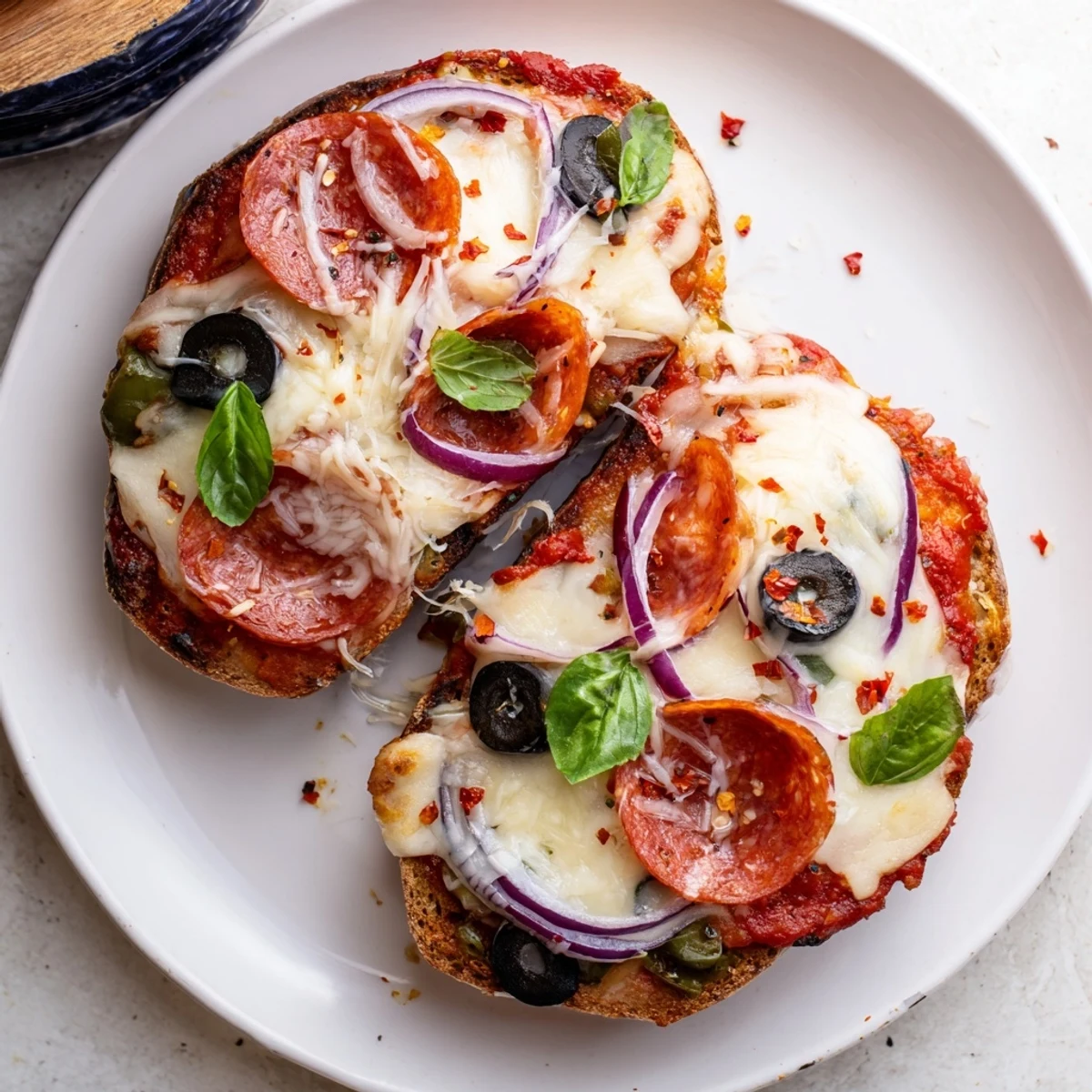 Sizzling, golden-brown Pizza Toast 2.0 with bubbling mozzarella and crispy pepperoni toppings beckons.