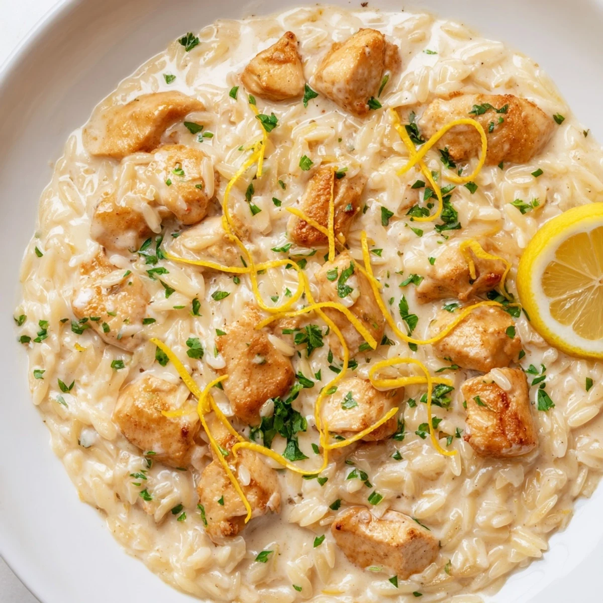 A beautiful plated view of Creamy Lemon Chicken Orzo, garnished with fresh parsley and lemon slices.