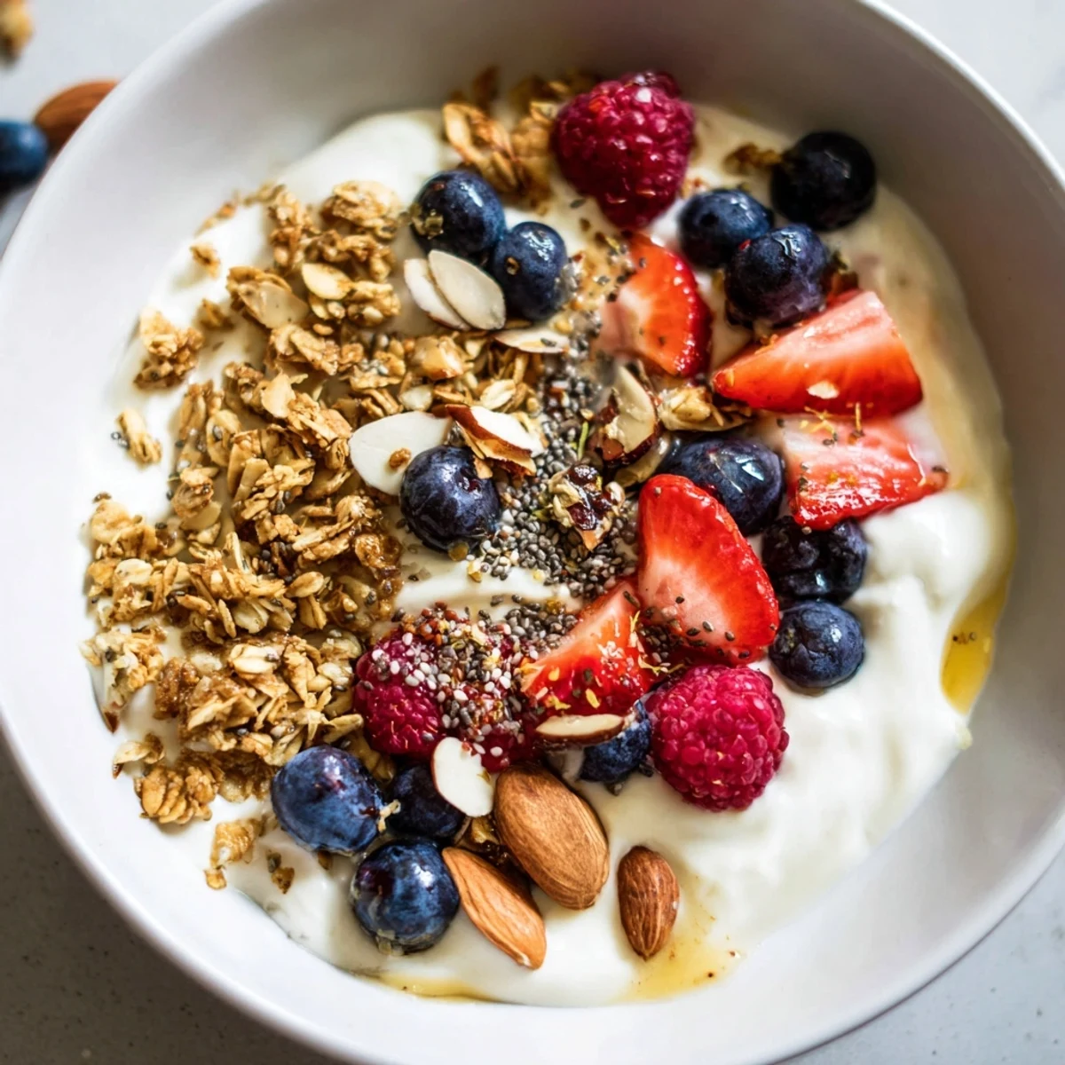 A close-up of a delightful dry yogurt bowl, showing vibrant berries and a protein-packed yogurt blend.