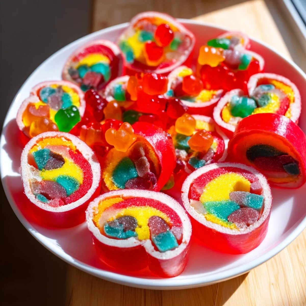 Delicious Rainbow Candy Roll Ups: chewy fruit roll-ups filled with gummy candies, a fun kids snack.