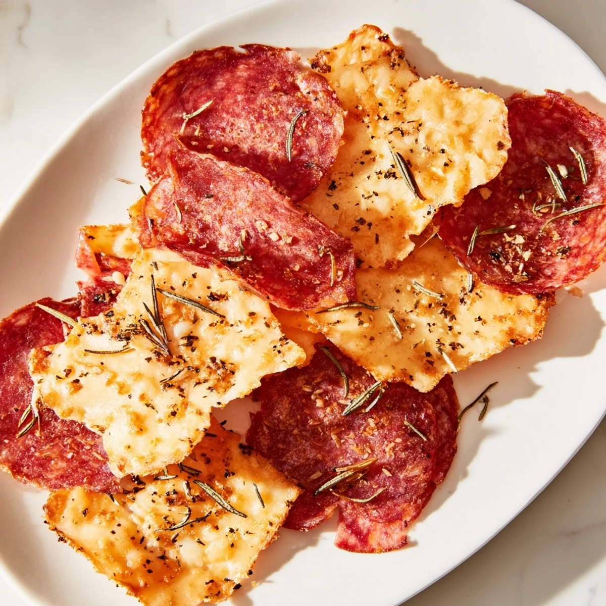 Crispy charcuterie chips, a platter offering savory cured meats and cheeses, perfect appetizer.