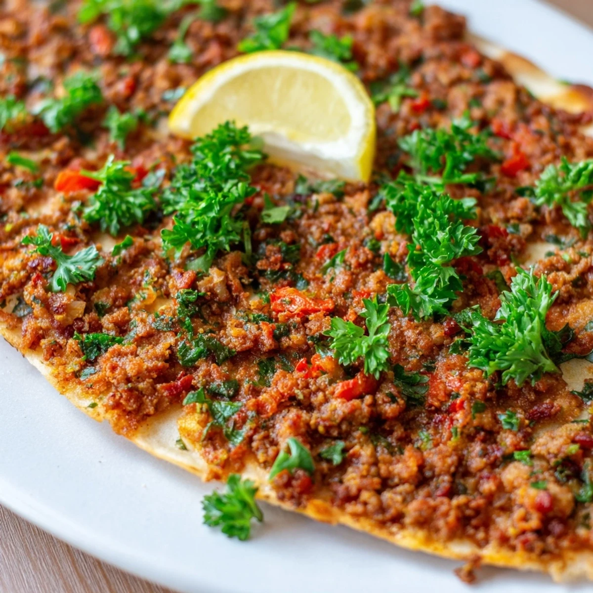 Crispy Turkish Lahmacun flatbread topped with spiced meat, ready to eat alongside fresh parsley.