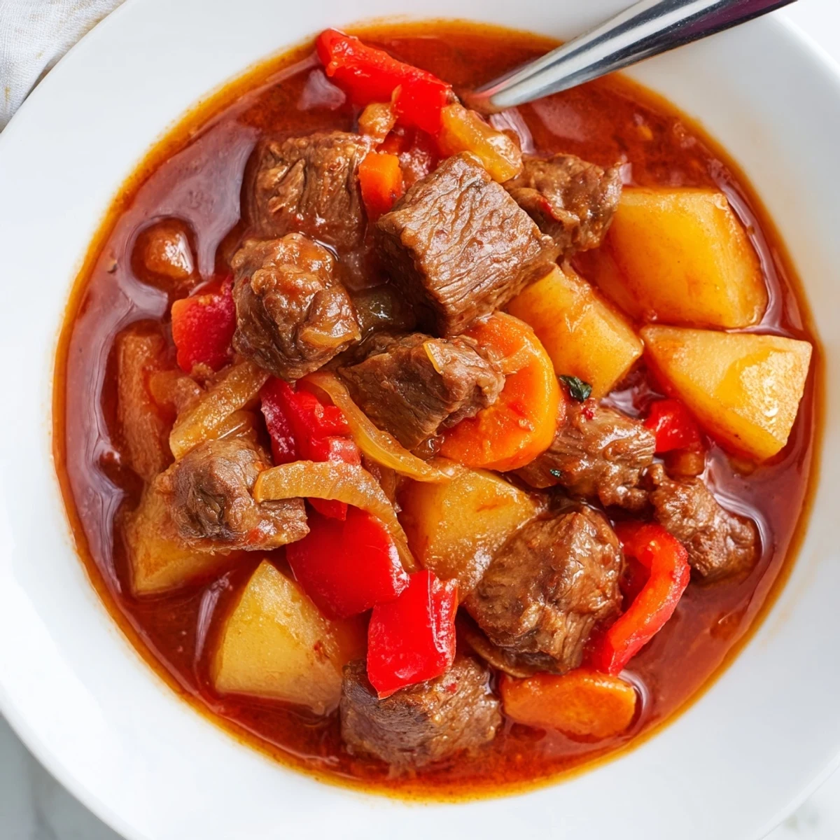 This hearty Hungarian Goulash Stew, a rich and aromatic stew, is served with crusty bread.