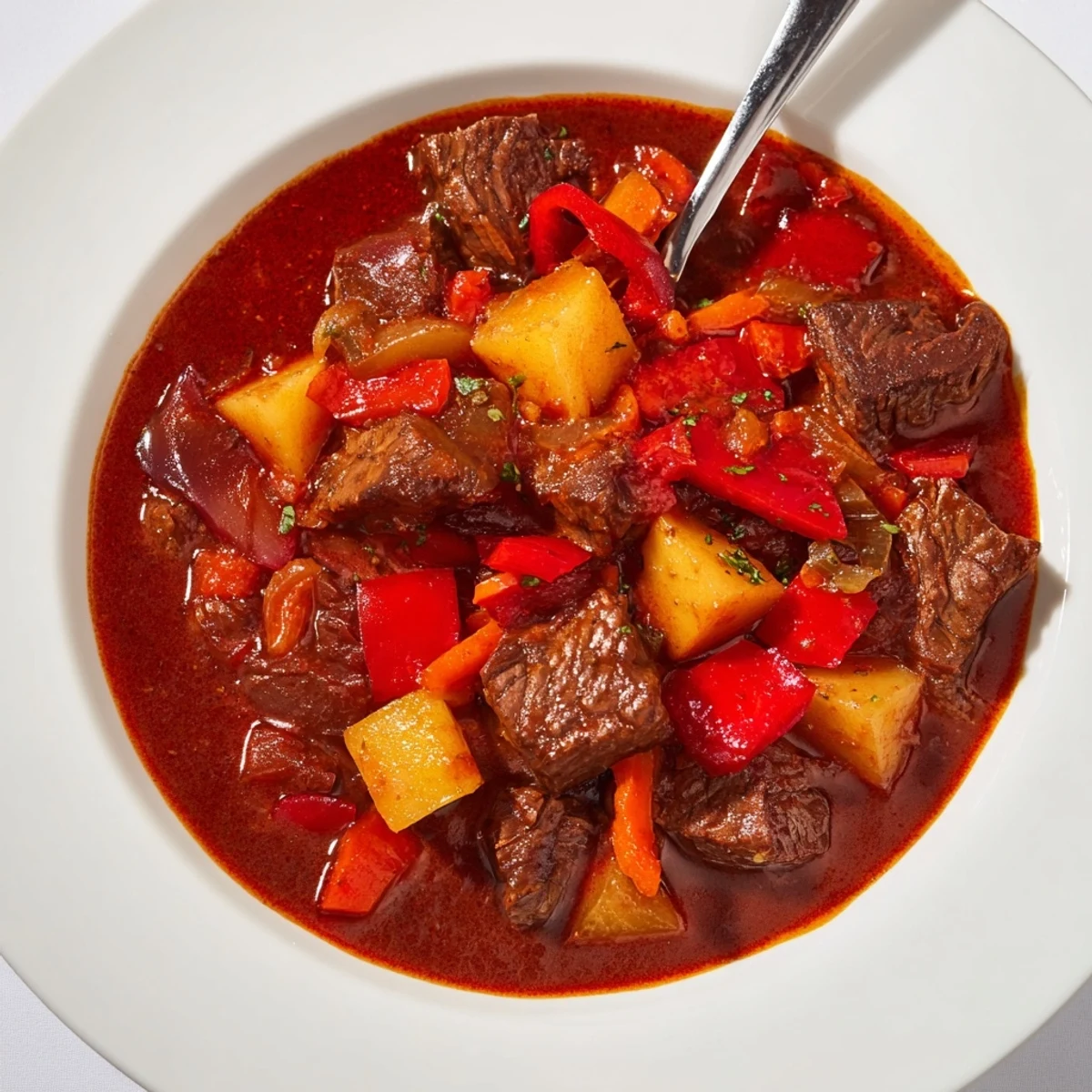 A steaming bowl of Hungarian Goulash Stew, showcasing tender beef and vibrant red peppers.