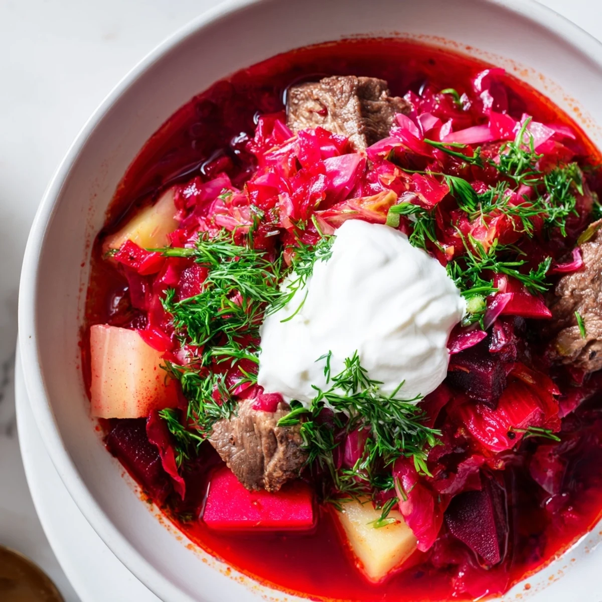 A colorful bowl of Ukrainian Borscht soup, topped with creamy sour cream and fresh herbs.