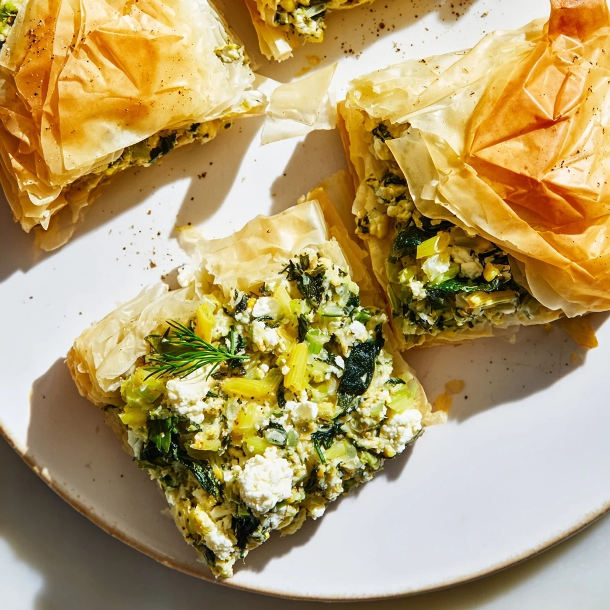 Golden, flaky layers of Greek spanakopita reveal a savory spinach and feta filling inside.