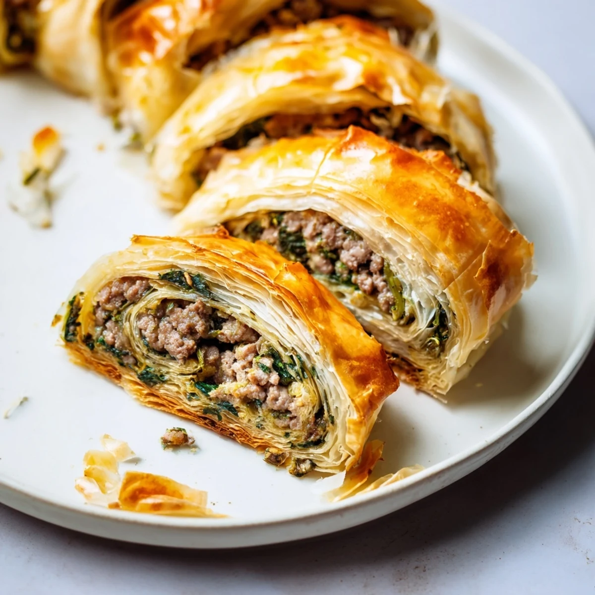 Freshly baked Bosnian Burek, a swirl of golden phyllo pastry with a flavorful ground beef filling.