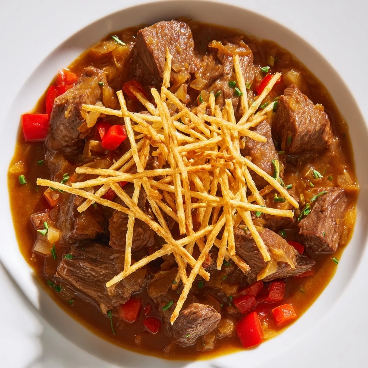 Tender beef and rich paprika flavor in the Czech Goulash, served with golden, crispy potato strips.