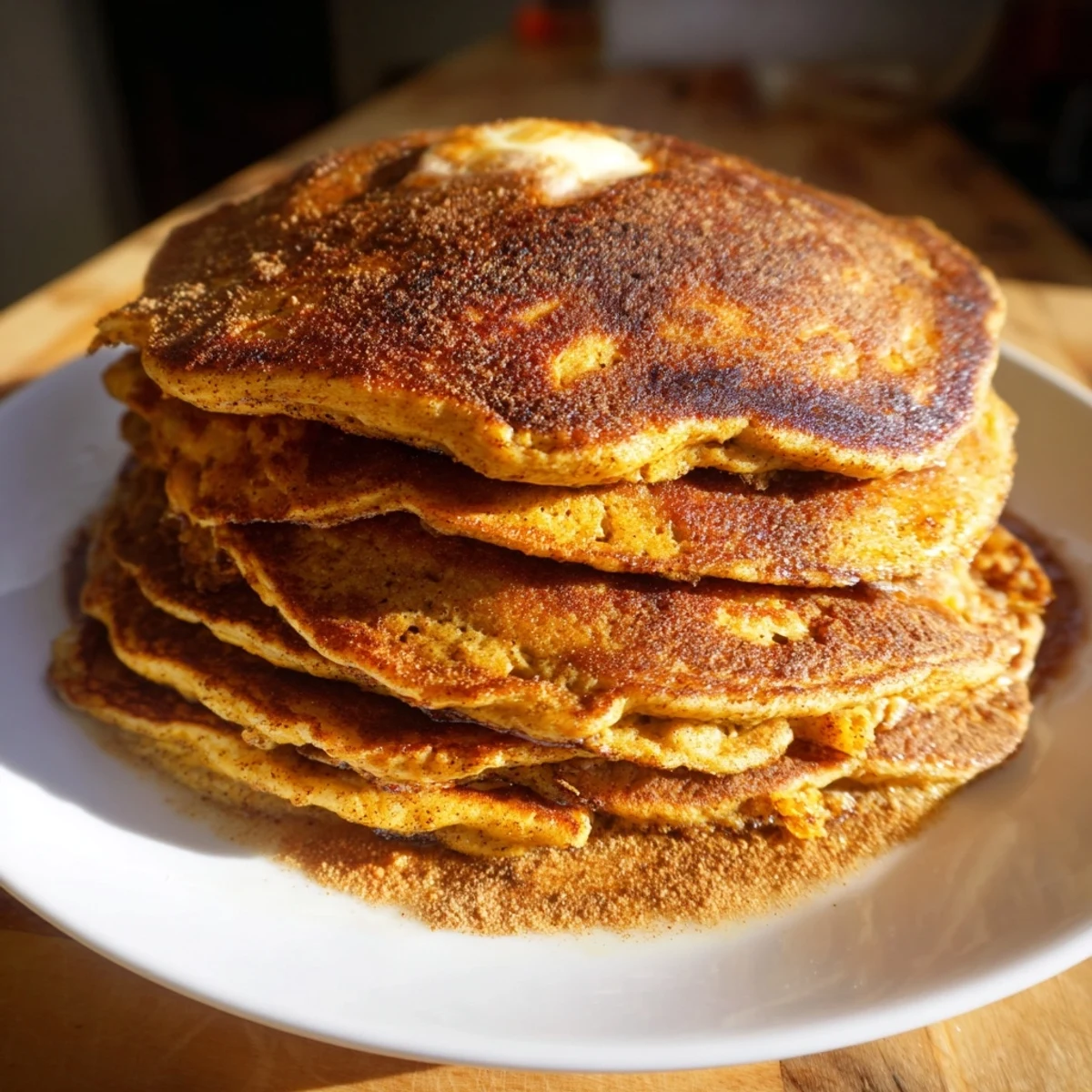 Freshly cooked Pumpkin Spice Pancakes served warm with butter, perfect for a cozy autumn breakfast.