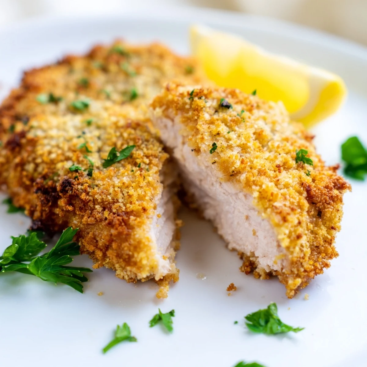 A close-up of the Crispy Parmesan Chicken Cutlet, showcasing its crunchy panko and Parmesan crust, ready to be enjoyed with a light arugula salad.