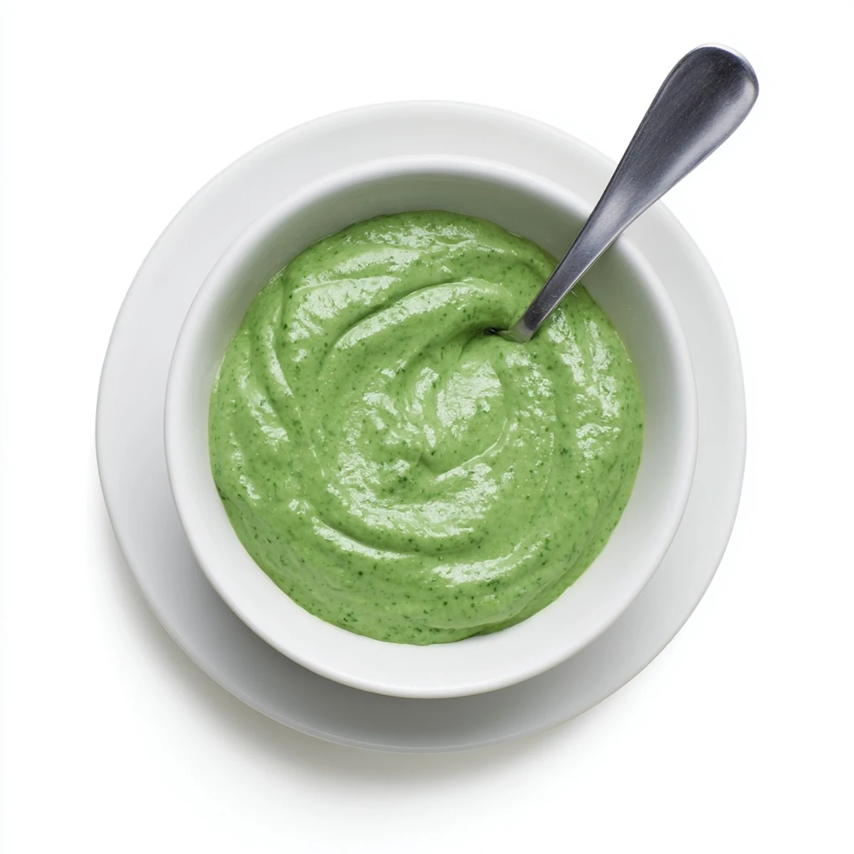 A jar of bright green goddess dressing on a rustic wooden table, with fresh parsley, chives, and tarragon nearby.