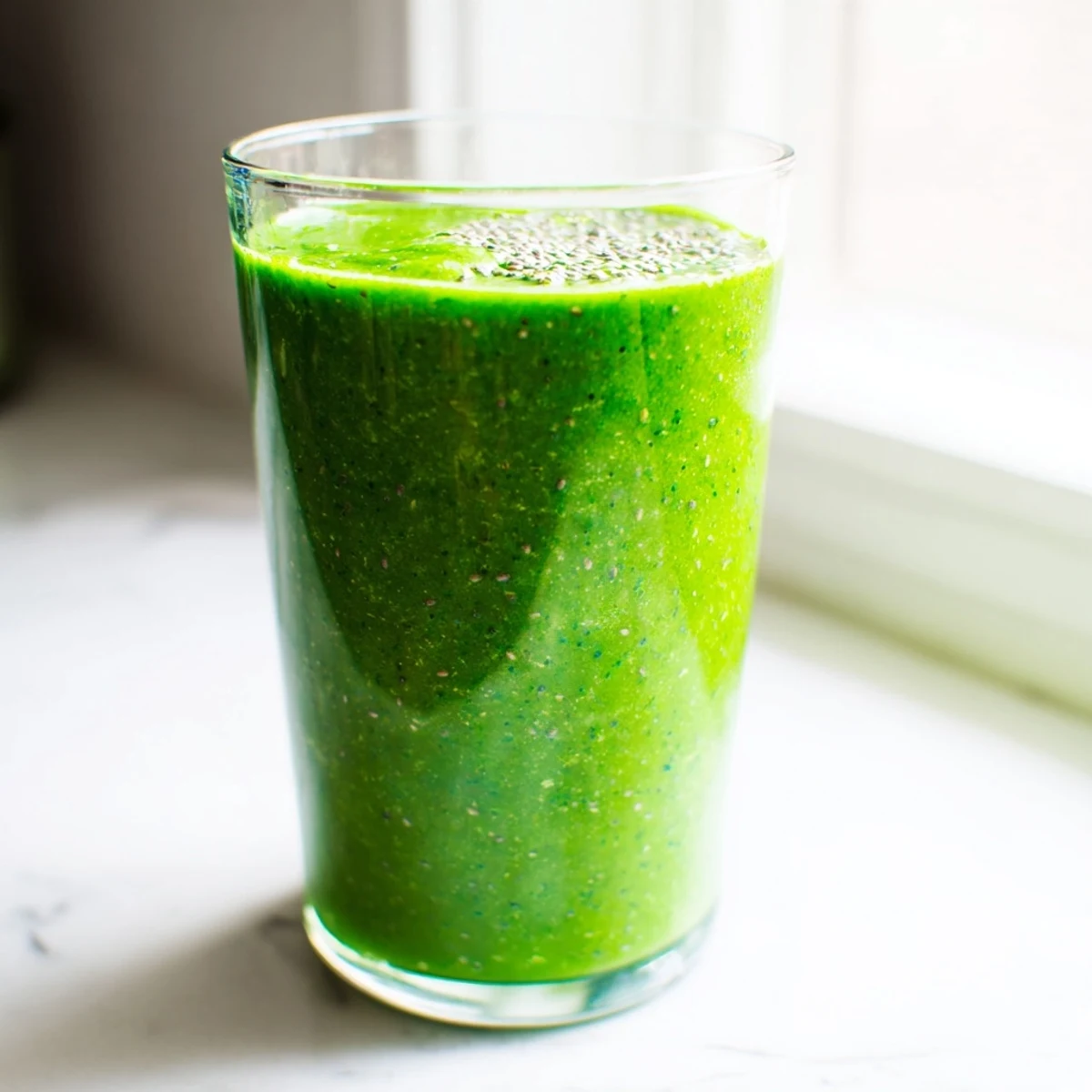 A creamy Spinach-Hidden Smoothie being poured into a glass, garnished with a mint leaf for a fresh, invigorating sip.