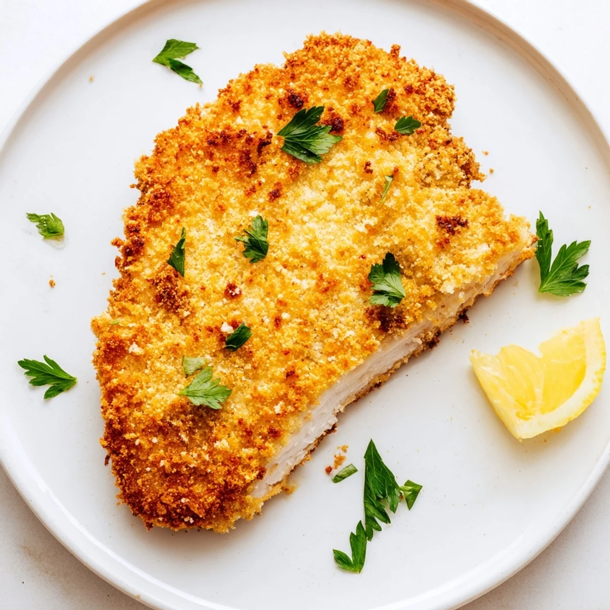 Golden-brown Crispy Parmesan Chicken Cutlet resting on a plate, garnished with fresh parsley and served with bright lemon wedges for a zesty finish.
