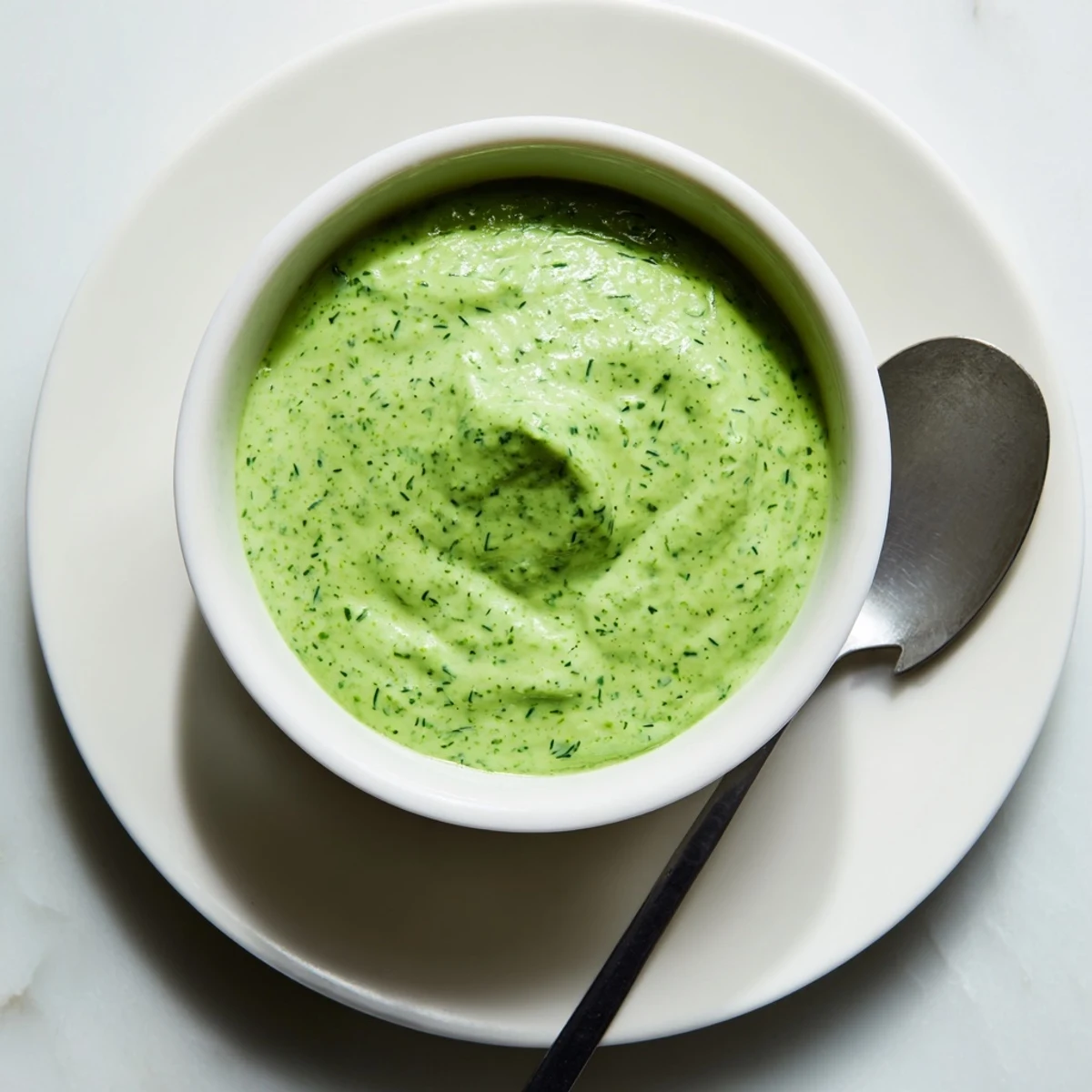 Vibrant green goddess dressing in a white bowl, garnished with fresh herbs, served with crisp salad greens and lemon wedges.