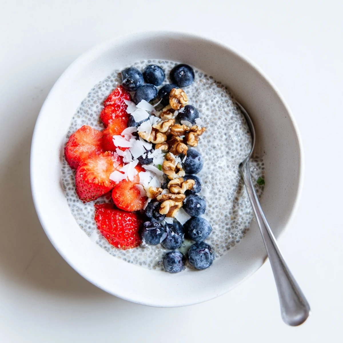 A creamy chia seed pudding in a glass jar, topped with fresh berries and sliced banana for a vibrant breakfast.