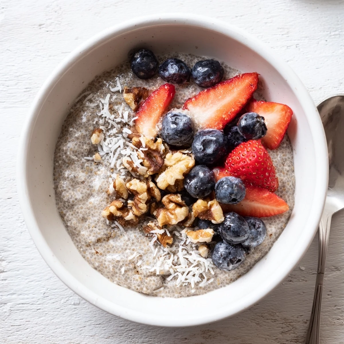 Overnight chia seed pudding with a smooth texture, sprinkled with toasted coconut flakes and crunchy almond slices.