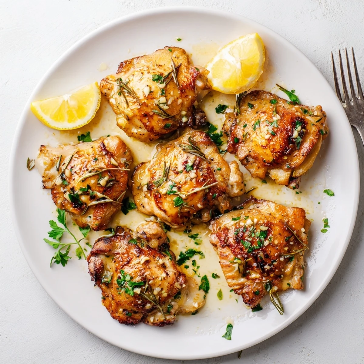Juicy garlic butter chicken thighs roasted with crispy golden skin and fresh herbs, served with lemon wedges.