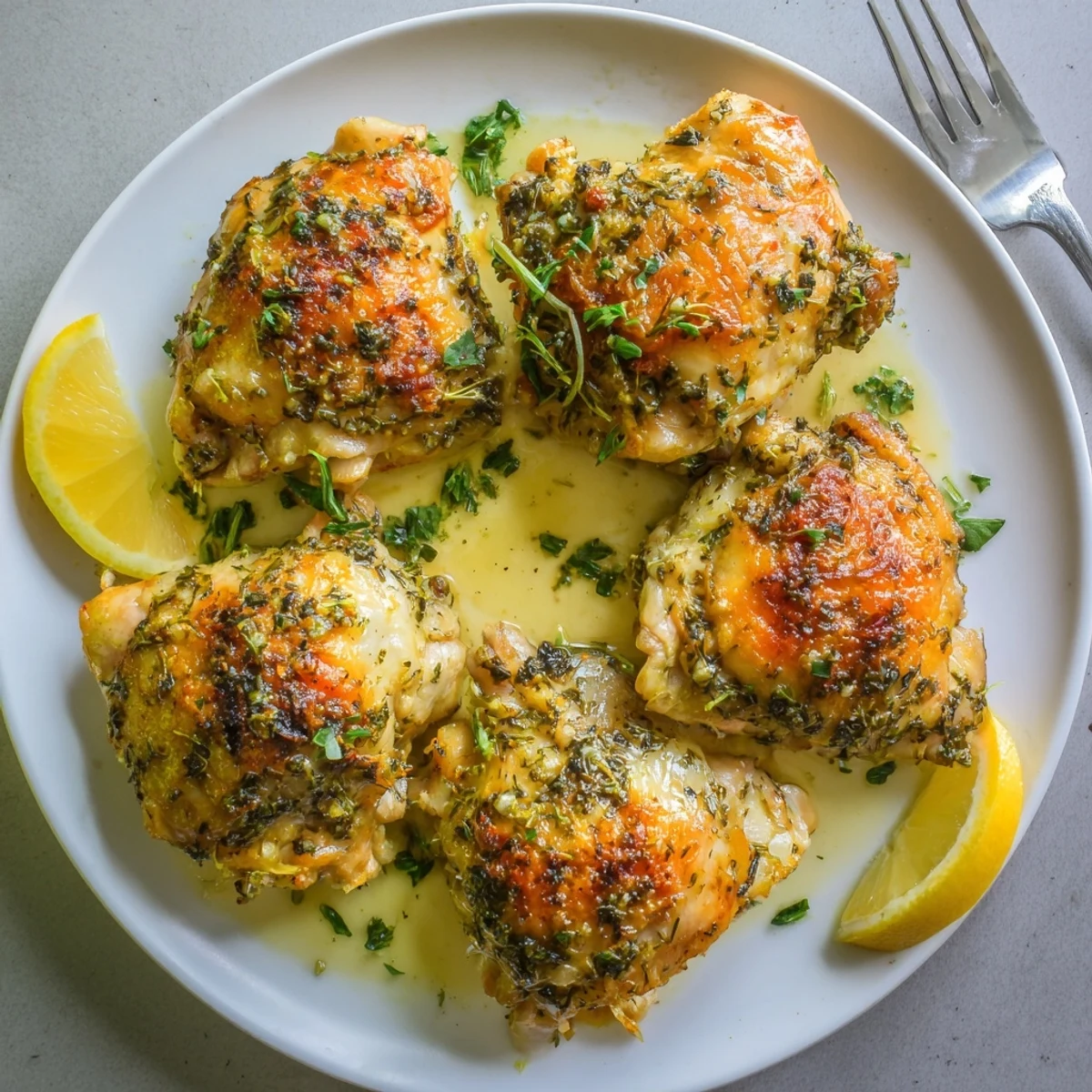 Golden roasted garlic butter chicken thighs resting in a skillet, their skin crisp and meat tender for dinner.