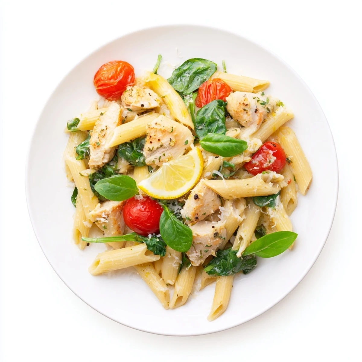 Bright cherry tomatoes and fresh spinach are wilted into the One-Pan Lemon Herb Pasta Chicken for a vibrant dinner.