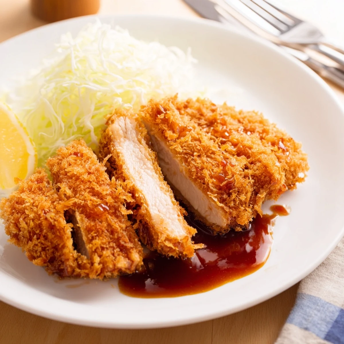 Golden-brown Chicken Katsu cutlet, perfectly fried and sliced, revealing tender meat inside.