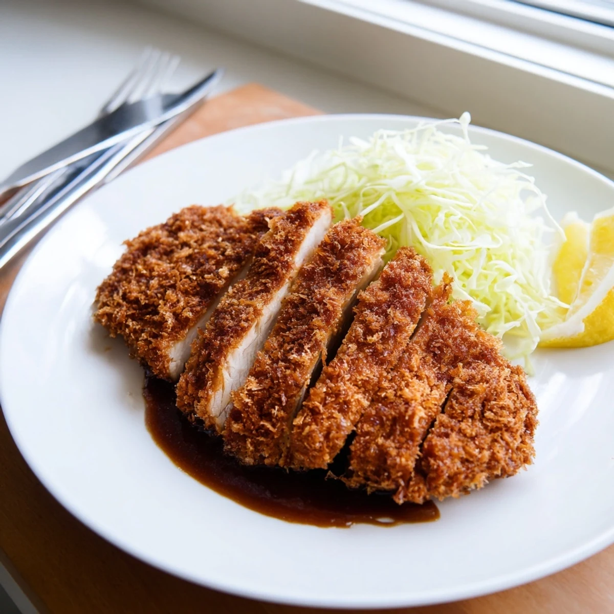 Freshly prepared Chicken Katsu cutlet topped with shredded cabbage and lemon wedges.