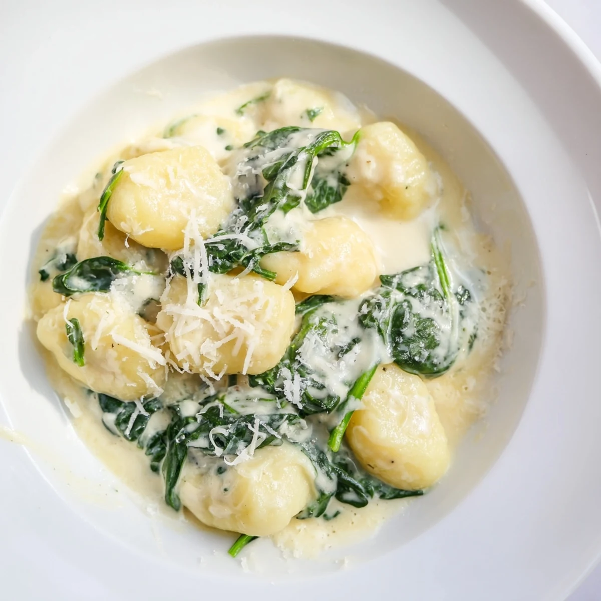 Fresh spinach melts into the rich garlic cream sauce coating pillowy gnocchi in a skillet.