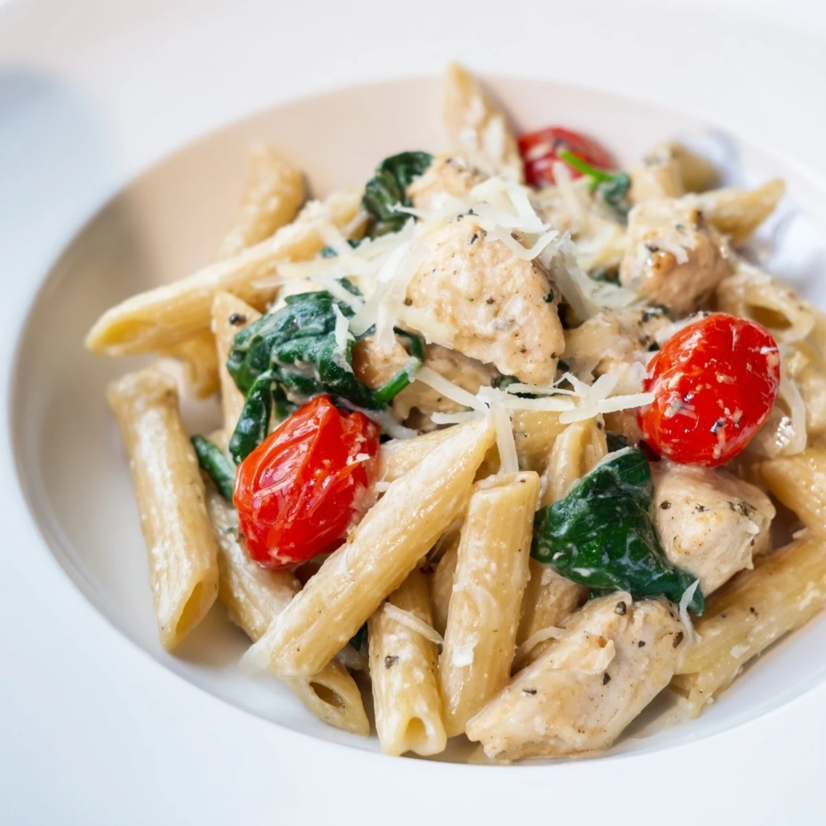 A close-up of creamy Greek Yogurt Chicken Pasta with tender chicken, glossy sauce, and halved cherry tomatoes.  