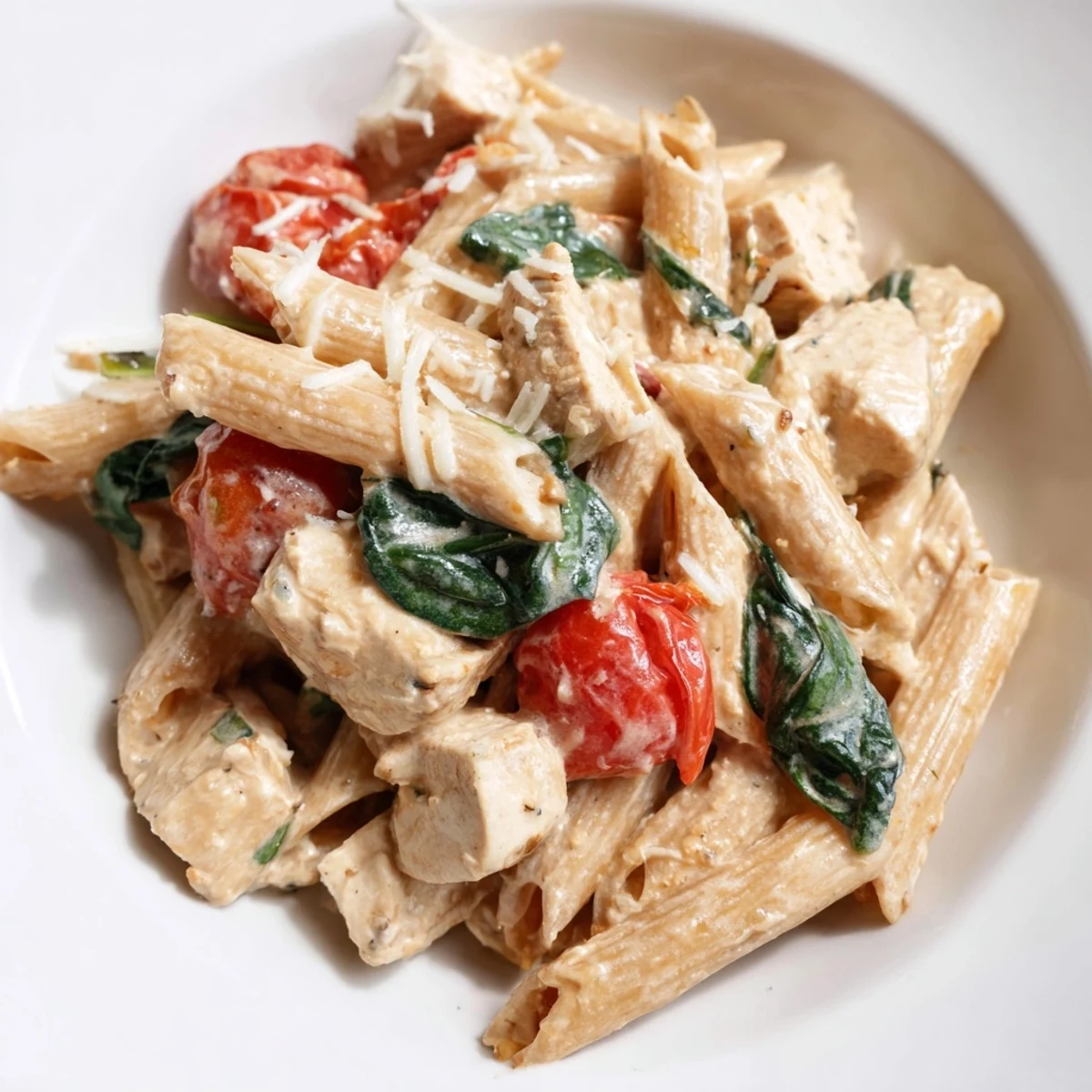 Steaming Greek Yogurt Chicken Pasta in a white bowl, garnished with Parmesan and fresh basil leaves.  