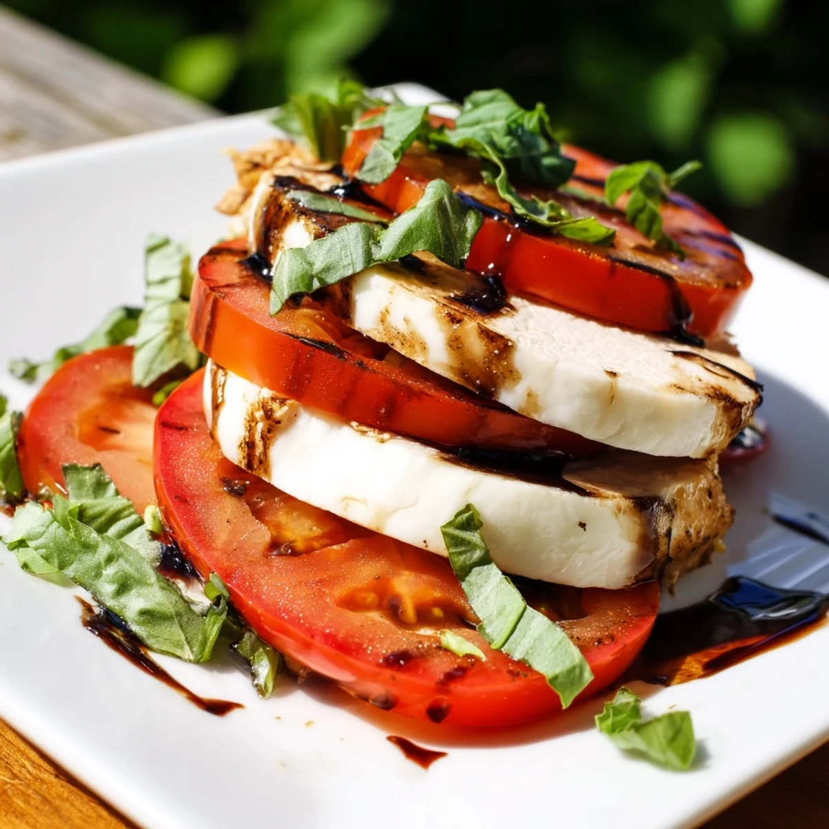 Juicy grilled chicken slices rest atop vibrant tomatoes and creamy mozzarella in this Chicken Caprese Salad, finished with a fragrant basil garnish.