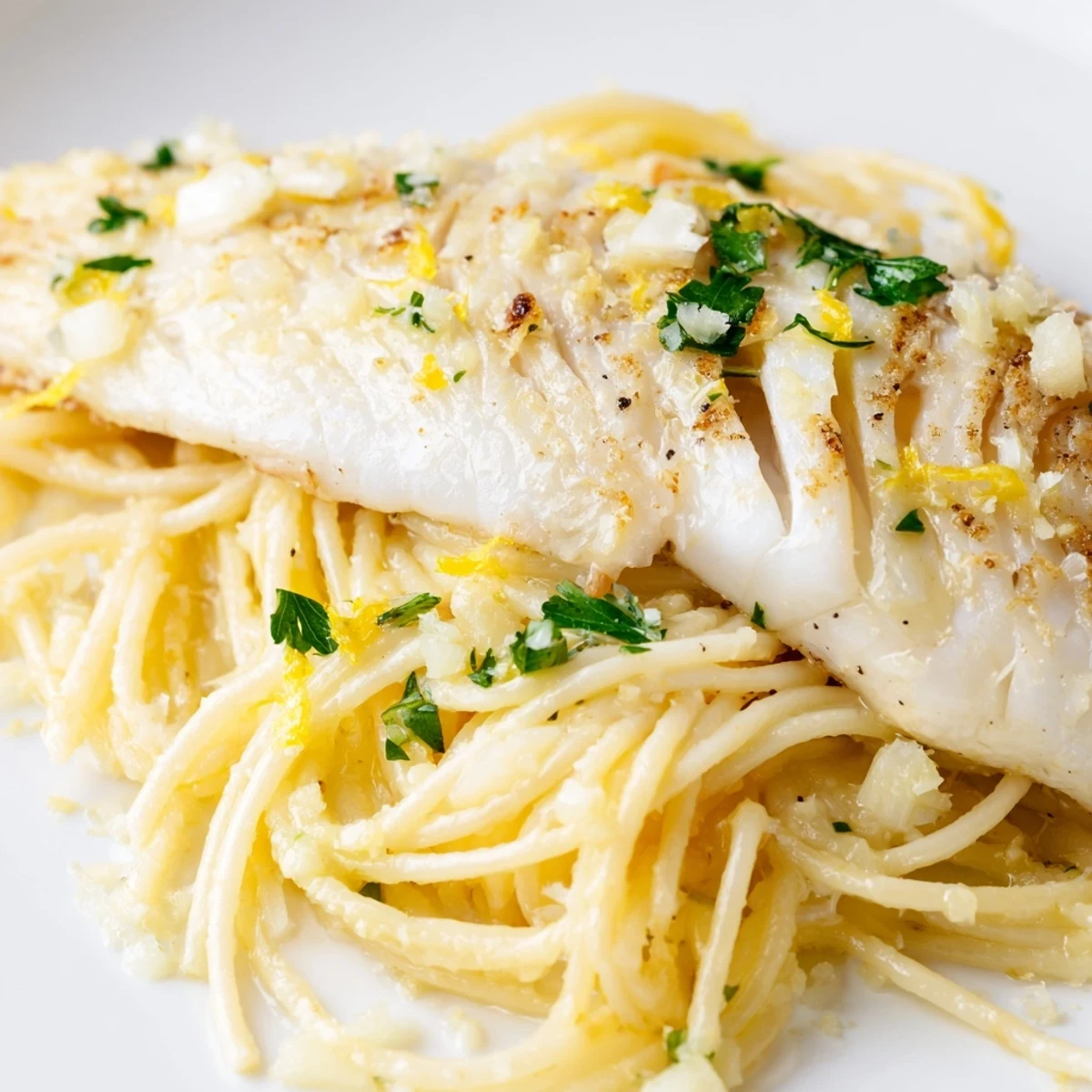Grilled white fish fillet resting atop zesty lemon-butter spaghetti with fresh parsley garnish.  