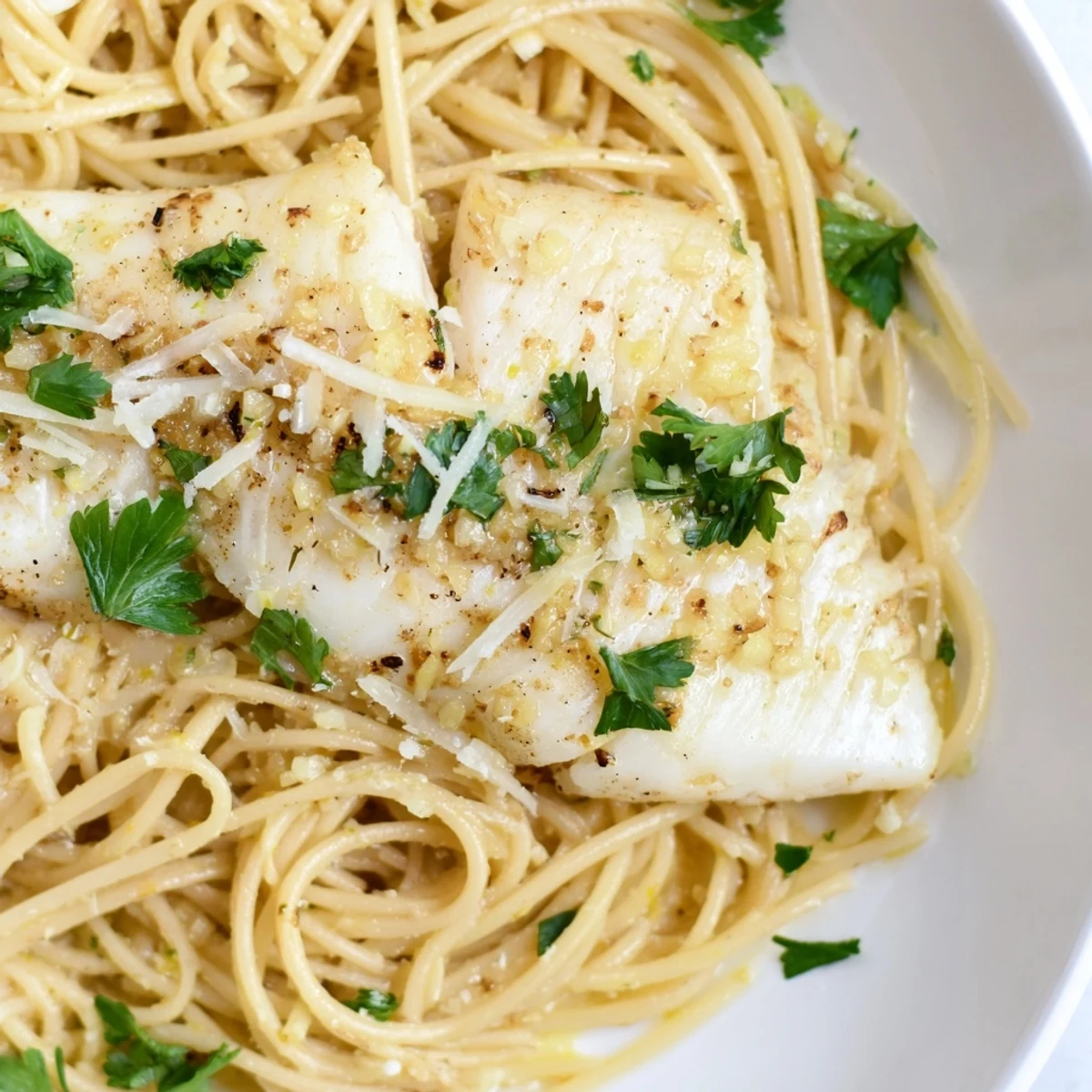 A close-up of the dish shows garlic-infused sauce clinging to al dente pasta noodles.