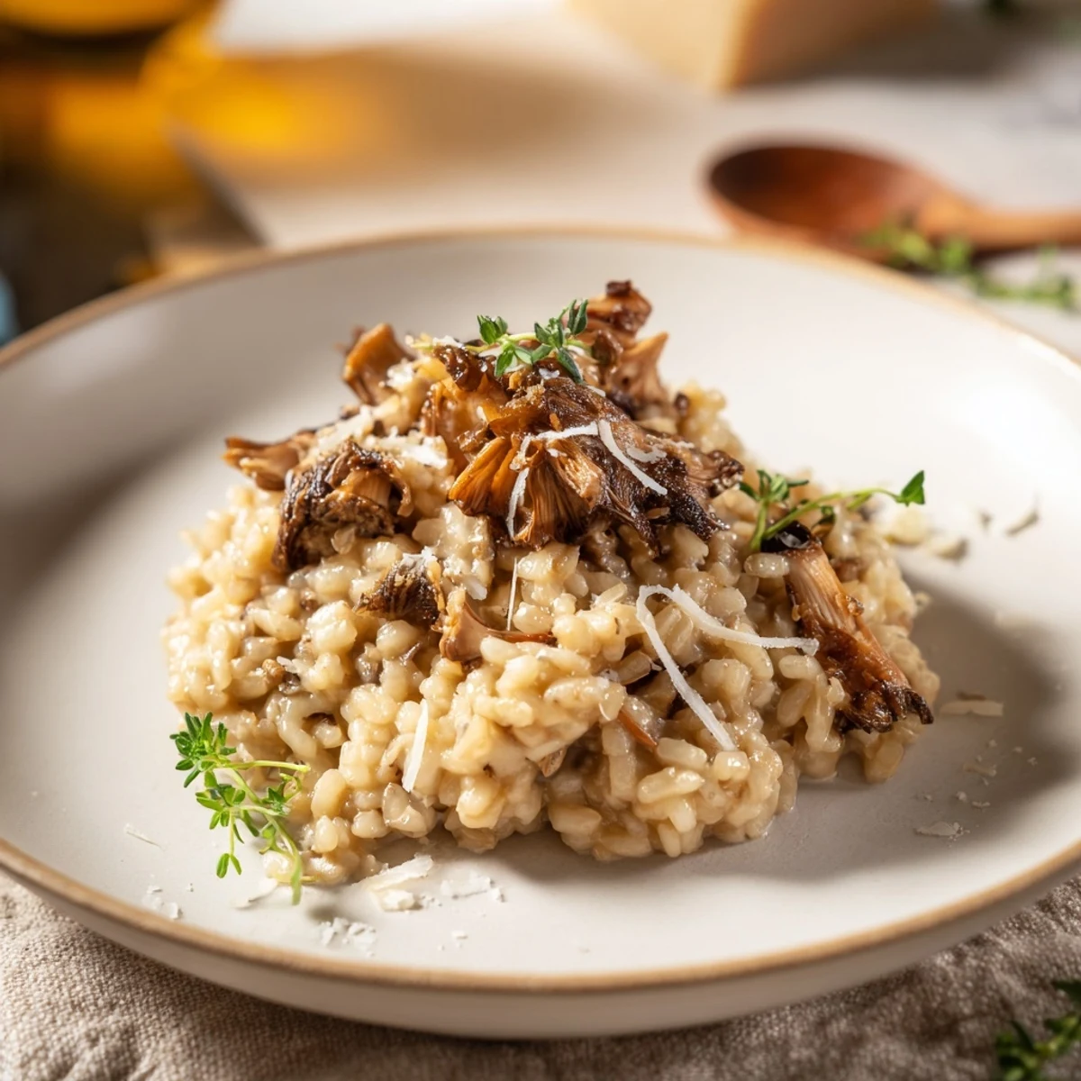 Creamy roasted mushroom risotto garnished with fresh parsley, served warm in a rustic white bowl.